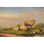 J. M. (19thC School). Dutch landscape, sheep, lambs, cockerel and hens in a landscape, oil on board,