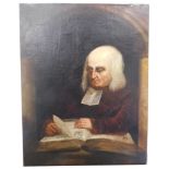 18thC English School. Portrait of a clergyman reading, quarter profile, oil on canvas, unsigned, 71c