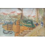 James Guthrie (1859-1930). Fishing boats entering harbour, oil on board, signed, 13.5cm x 21.5cm.