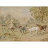 Manner of Herring (19thC School). Farm animals, horses, pigs, and chickens, before huts and trees, w
