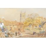 P. K. Marshall (19thC). Figures in a village with church spire in the distance, watercolour, signed