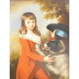 Manner of Romney. Child with dog, oil and print on canvas, unsigned, 98cm x 71cm.