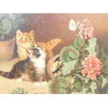 Reidlinger (20thC). Kittens aside tipped pot of geraniums with butterfly, print, with hand touching,