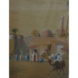 Henry Stanton Lynton (1886-1904). Figure on camel before street bazaar with buildings and trees in t