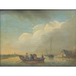 18thC Dutch School. Figures in boat, before boat and cottage with birds in the foreground, oil on ca