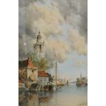 Ivan Statten (1836-1909). Dutch canal scene, boats and tower, watercolour, signed, Windsor House Ant