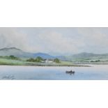 Digby Page (b.1945). A rowing boat on calm waters before cottage and mountains, watercolour, signed,