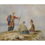 19thC School. Figures of Turkish gentlemen on a mountain, with river and mountains in the distance,