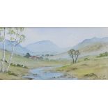 Digby Page (b.1945). Calm stream before trees and hills, watercolour, signed, 9cm x 20cm.