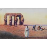 Giovanni Barbaro (1864-1915). Egyptian figures, camels and monuments in the desert, watercolour, sig