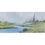 Digby Page (b.1945). Calm stream before village, watercolour, signed, 10cm x 20cm.