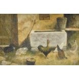 19thC Naive School. Chickens and rabbits, oil on board, unsigned, 16cm x 23cm.