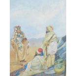 19thC School. Egyptian scene, figures in the desert on a rug with two handled vase and plate, waterc