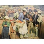 Manner of Jules Bastian-Lepage. Street scene, fruit seller, children and further figures, with horse