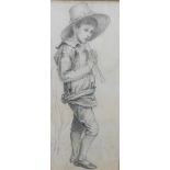 Manner of Kate Greenaway. Girl holding umbrella, book and bag, another boy entitled Monday, pencil,