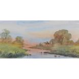 Digby Page (b.1945). Twilight evening, stream before cottage and trees, watercolour, signed 10cm x 2