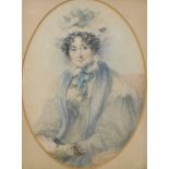 19thC English School. Portrait of a lady, quarter profile, watercolour, unsigned, 24cm x 15cm.