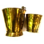 A 19thC brass coal bucket, with loop handle, of tapering form, with plinth, 28cm high, and a brass w