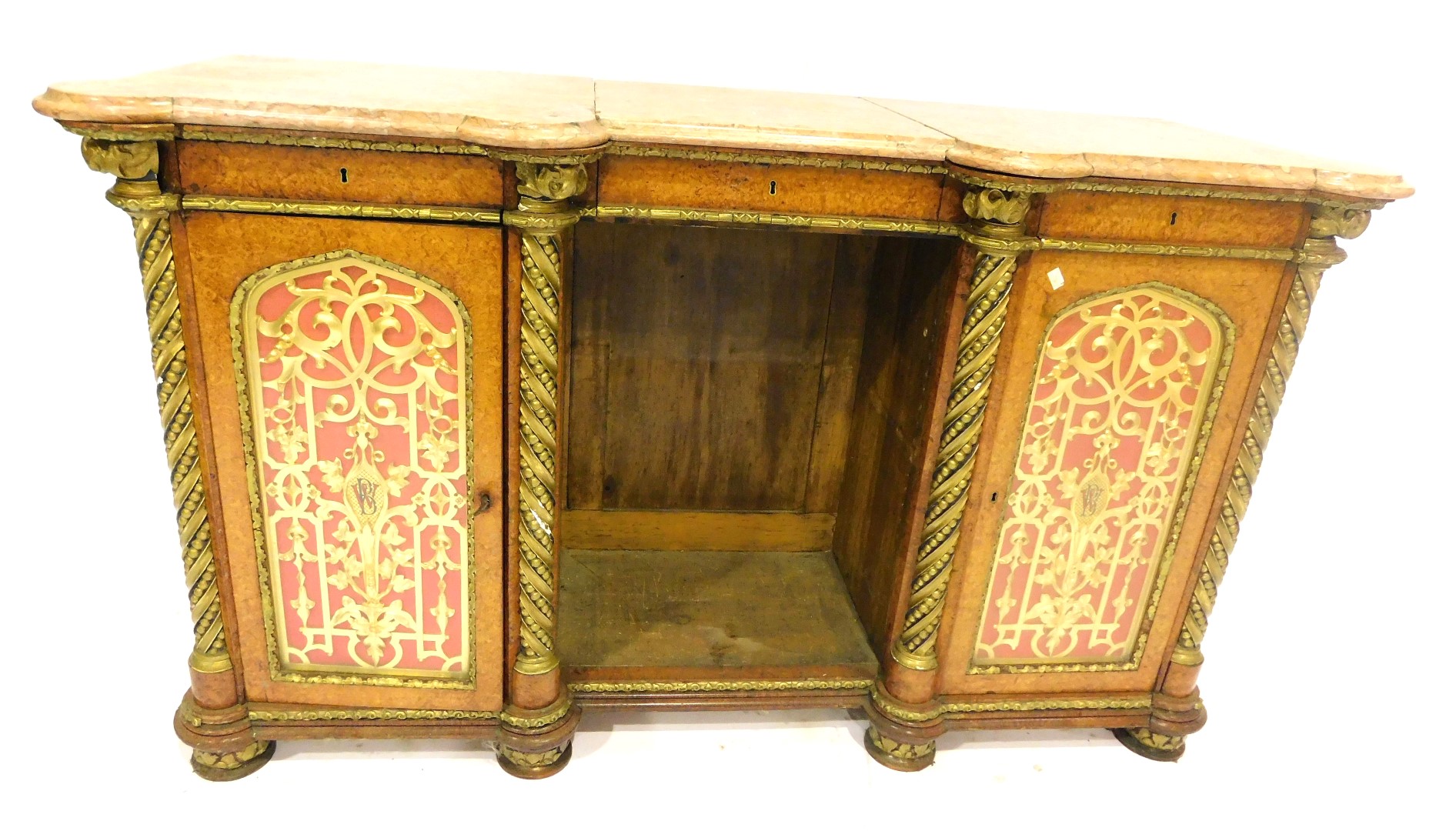 A Victorian burr wood and gilt side cabinet by Gillows, with triple section pink marble top, having