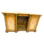 A Victorian burr wood and gilt side cabinet by Gillows, with triple section pink marble top, having