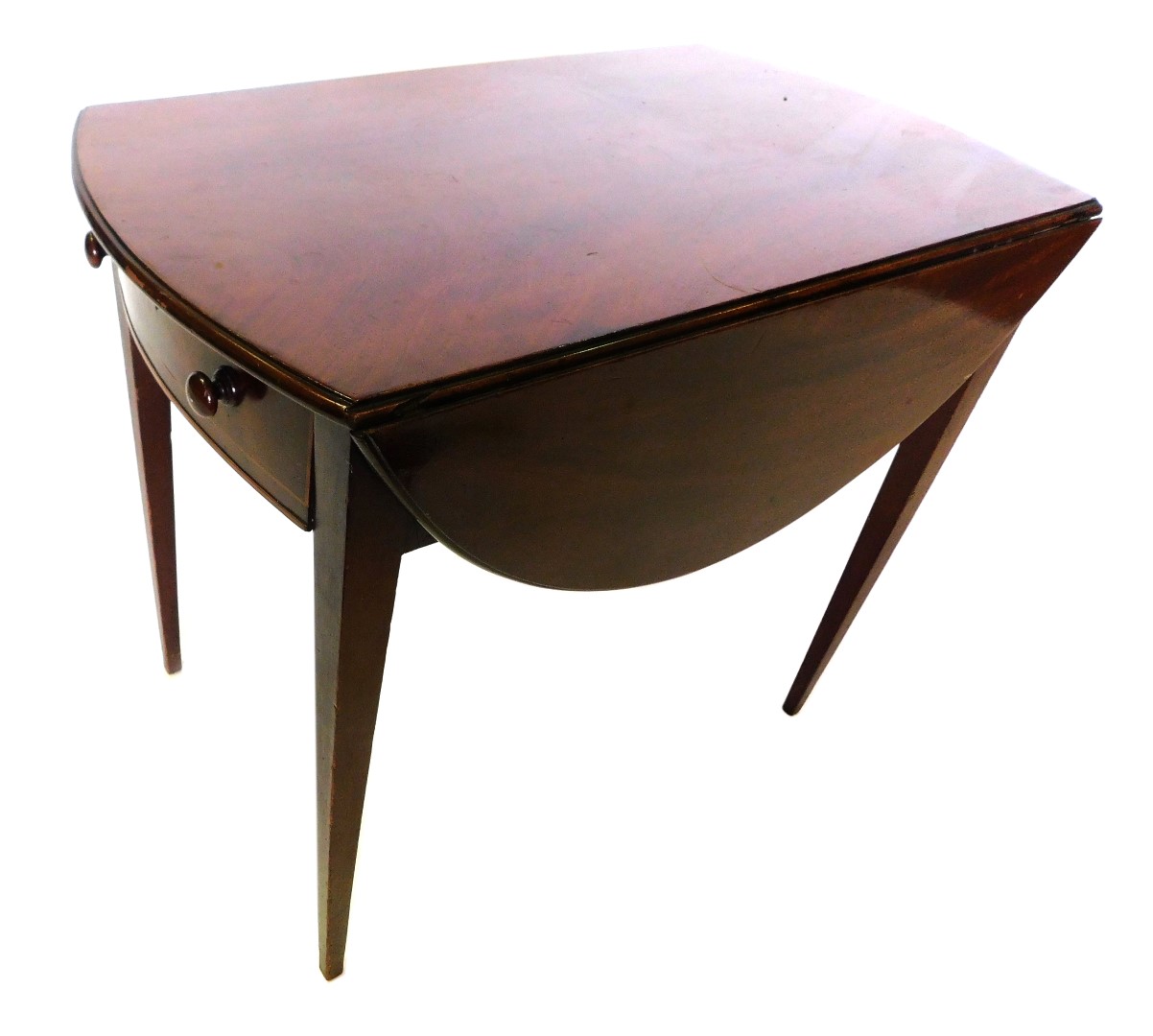 A George III mahogany Pembroke table, the oval top above a frieze drawer, with turned wood handles,