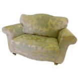 A small gold and silver Damask upholstered sofa, with a padded back and seat, on square tapering leg