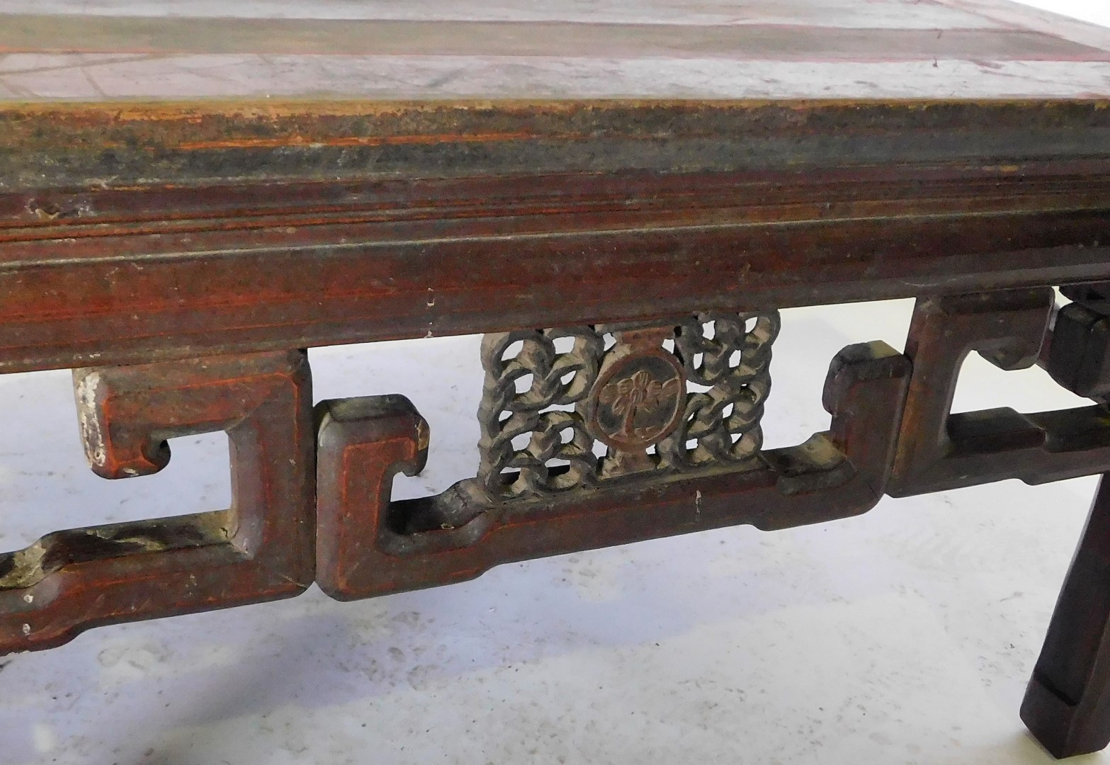 A Chinese hardwood coffee table, the square cleated top above a pierced carved frieze, on shaped leg - Image 2 of 2