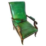 A George IV mahogany reclining armchair, upholstered in green leather, with a padded back, arm rest,