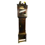 An early 19thC oak longcase clock case, with arched door, 232cm high overall. (AF, incomplete)