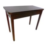 A 19thC mahogany and boxwood strung tea table, the rectangular top with rounded corners, on square t