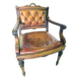 A 19thC Continental carved oak library chair, with brown leather buttoned back, a studded padded sea