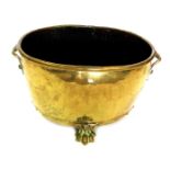 A late 19th/early 20thC oval brass coal bucket, with side handles, on paw feet, 46cm wide.