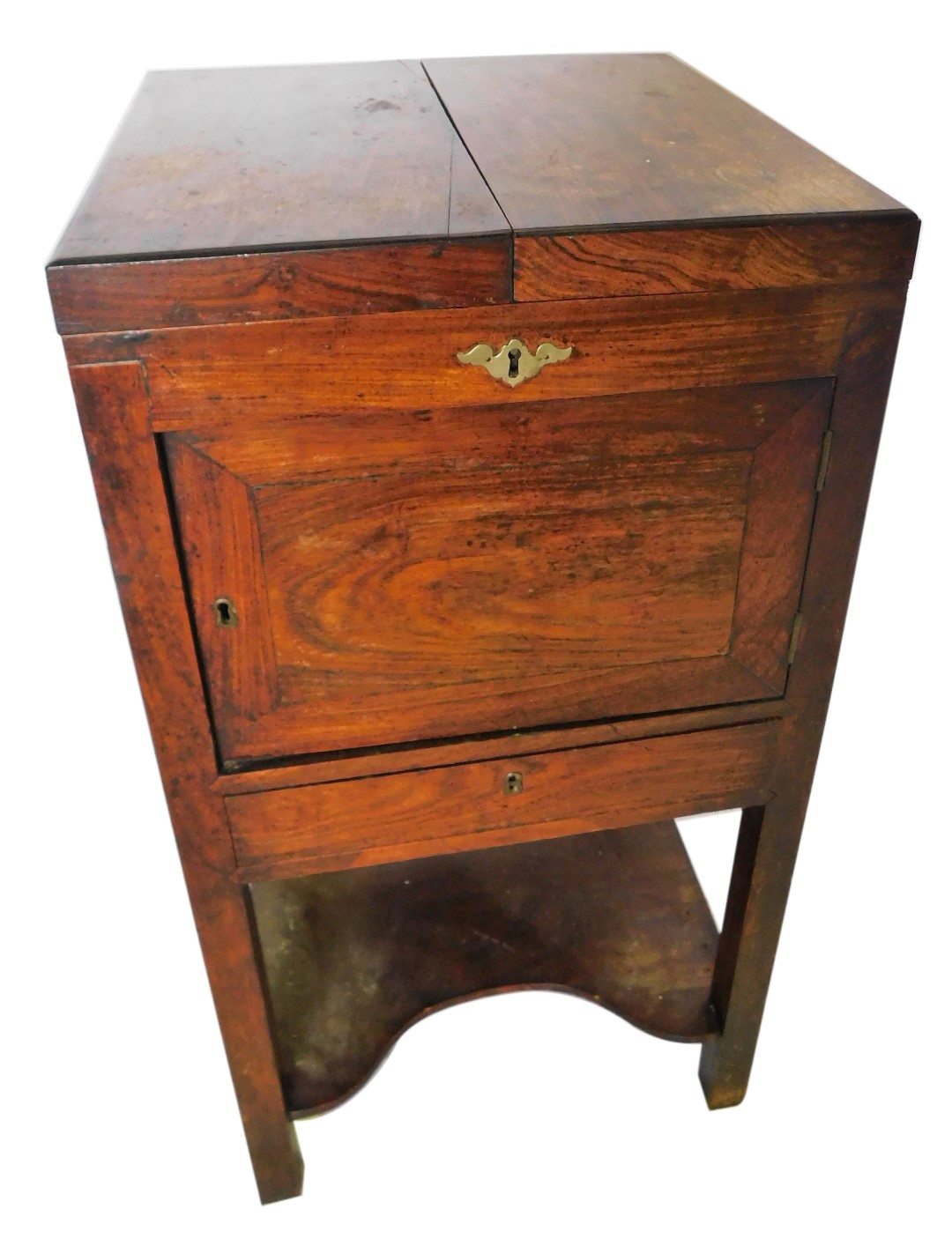 A 19thC Anglo Chinese campaign gentleman's wash stand, the hinged top revealing a vacant interior an