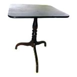 A 19thC mahogany occasional table, the rectangular tilt top, on a turned column and splayed tripod b