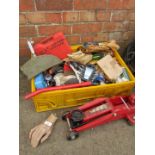 Various hand tools and small trolley jack.