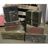 Various ammo boxes and a field safety cooker, first aid tin, number 3 Five Men/One Day ration tin.