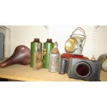 Vintage Duckhams Engine Oil and other tins, three cycle seats and two lamps. (a quantity)