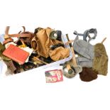 A box of military items, to include water bottle, RAF webbing, gloves, microphone, military map read