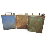 Three vintage petrol cans, marked for Shell Aviation Spirit, Pratts, and ESSO.