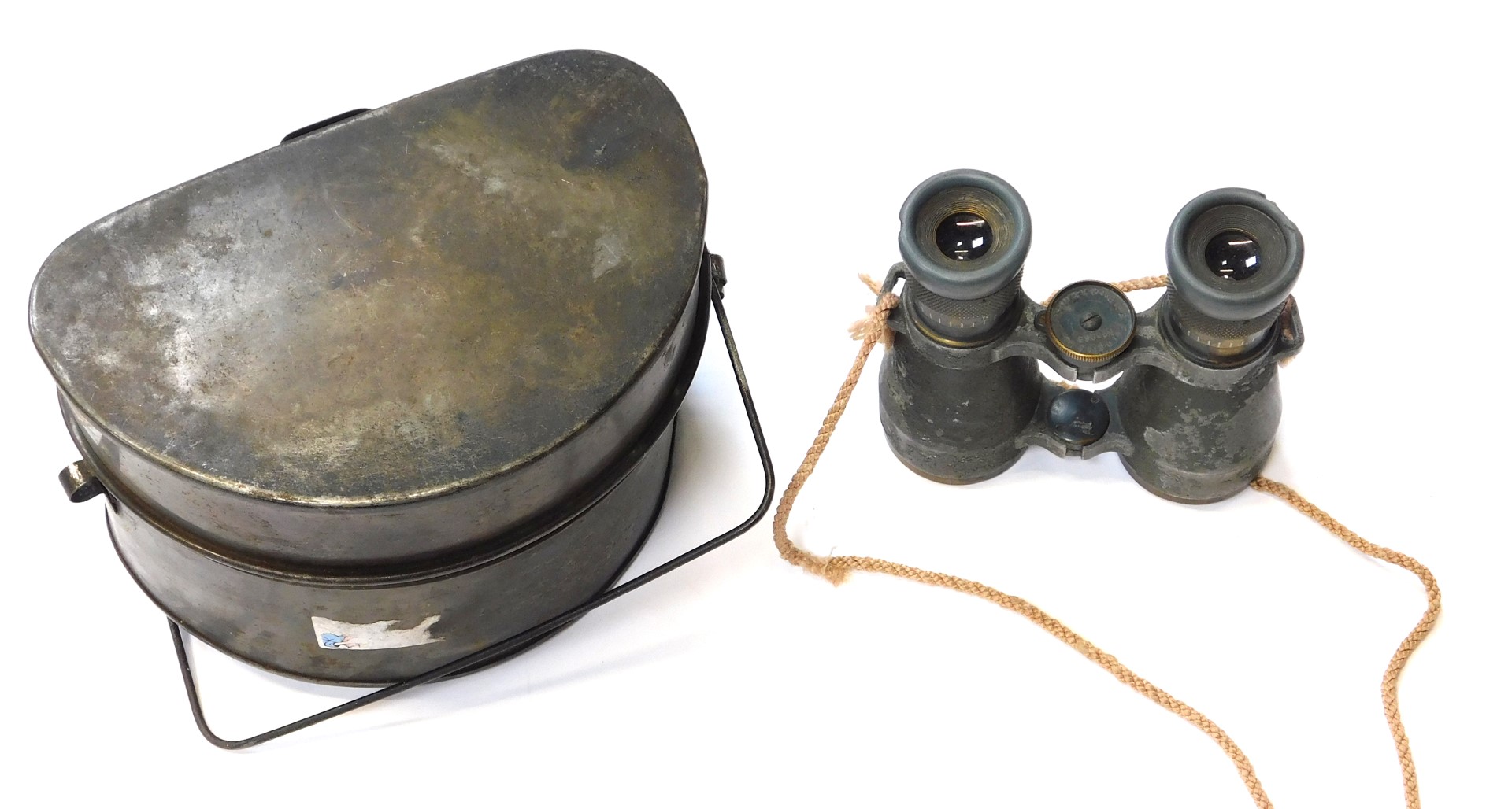 A World War I period D shaped mess tin, and World War I imperial German binoculars.