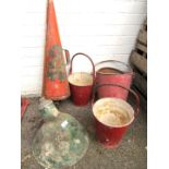 Three steel fire buckets, conical fire extinguisher, and industrial lamp. (5)