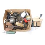 A box containing switches, gas mask, shell dressing, military headphone, lamp, etc.
