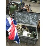 A steel military trunk, with sundry contents of old tools, lamps, Remploy individual protection kit,