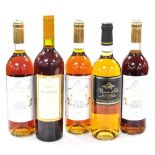 Five bottles of dessert wine, comprising Loupiac Chateau Dusseau 2000 (3), Pavois d'Or Sauternes 200