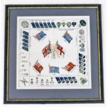 A World War Two commemorative silk handkerchief, depicting flags of various countries and military d