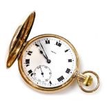 A 9ct Neva gold gentleman's hunter pocket watch, keyless wind, circular enamel dial bearing Roman nu