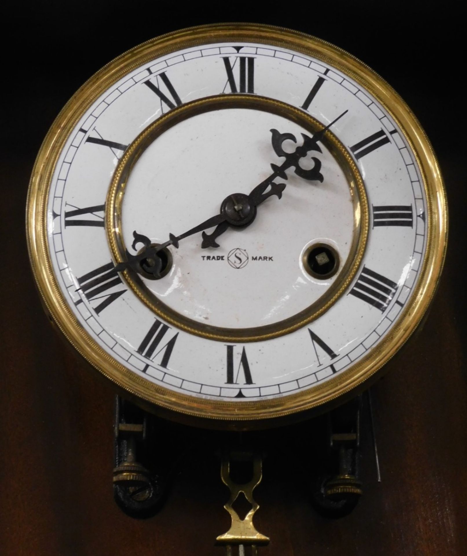 A late 19thC oak cased Vienna wall clock, circular brass dial with enamel chapter ring bearing Roman - Image 2 of 3