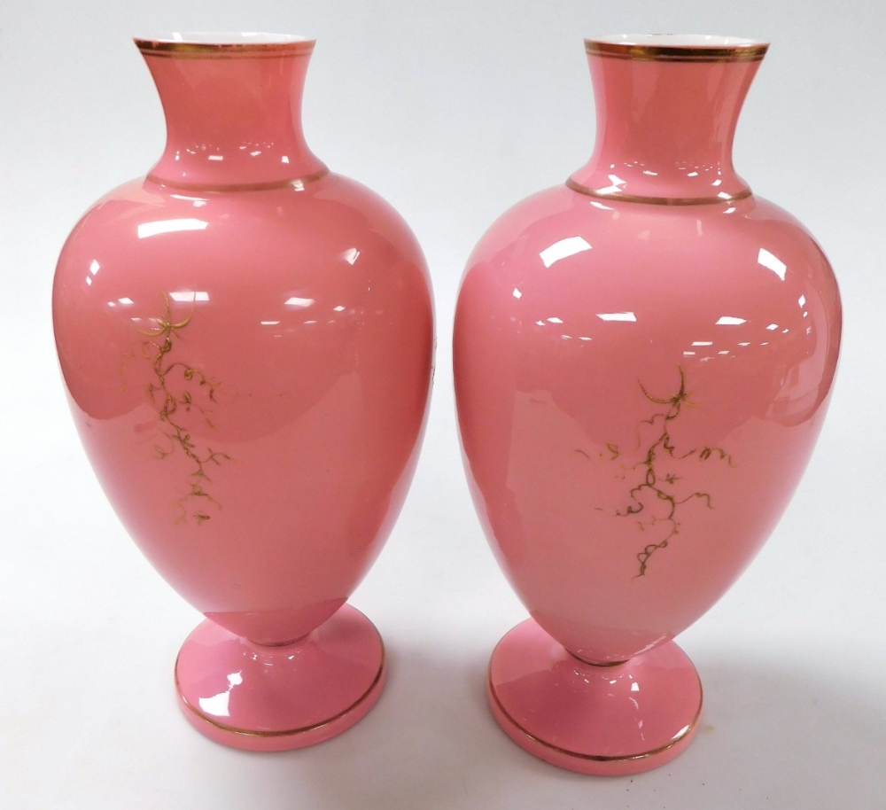 A pair of late 19thC pink opaline glass vases, of baluster form, painted with vines, and applied wit - Image 3 of 3