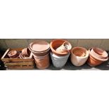 Various terracotta plant pots, differing sizes and designs, together with a concrete plant pot.