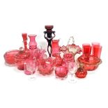 A group of Victorian and later cranberry glass, including bowls, vases, tumblers, a basket, etc. (a